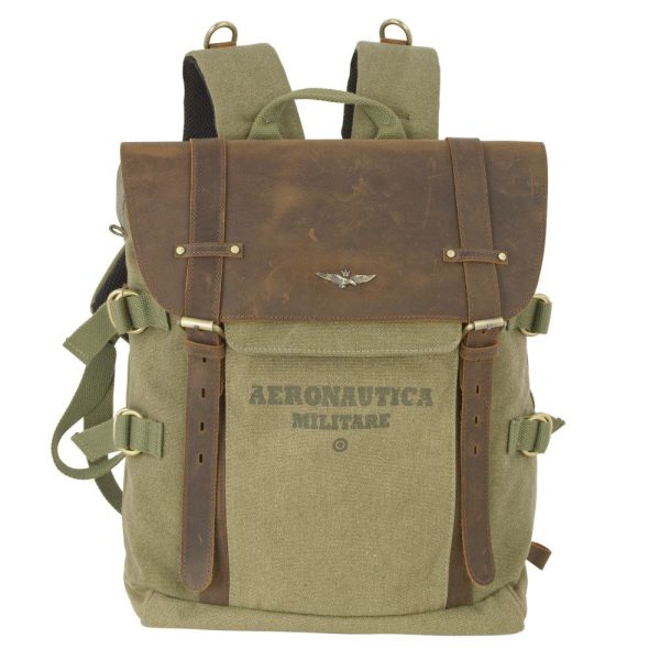 Aeronautica Militare AM-613 Backpack Τσάντα Πλάτης από Καμβά με Δέρμα Χακί