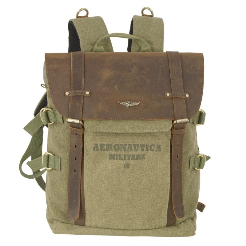 Aeronautica Militare AM-613 Backpack Τσάντα Πλάτης από Καμβά με Δέρμα Χακί Aeronautica militare